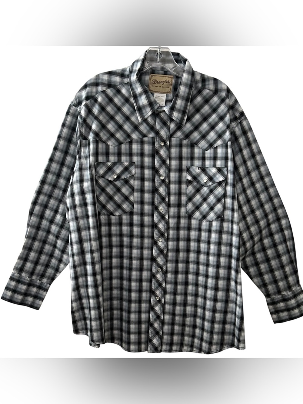 Wrangler Western Plaid Pearl Snap Shirt Men's 2XL XXL Black Gray Casual Cowboy